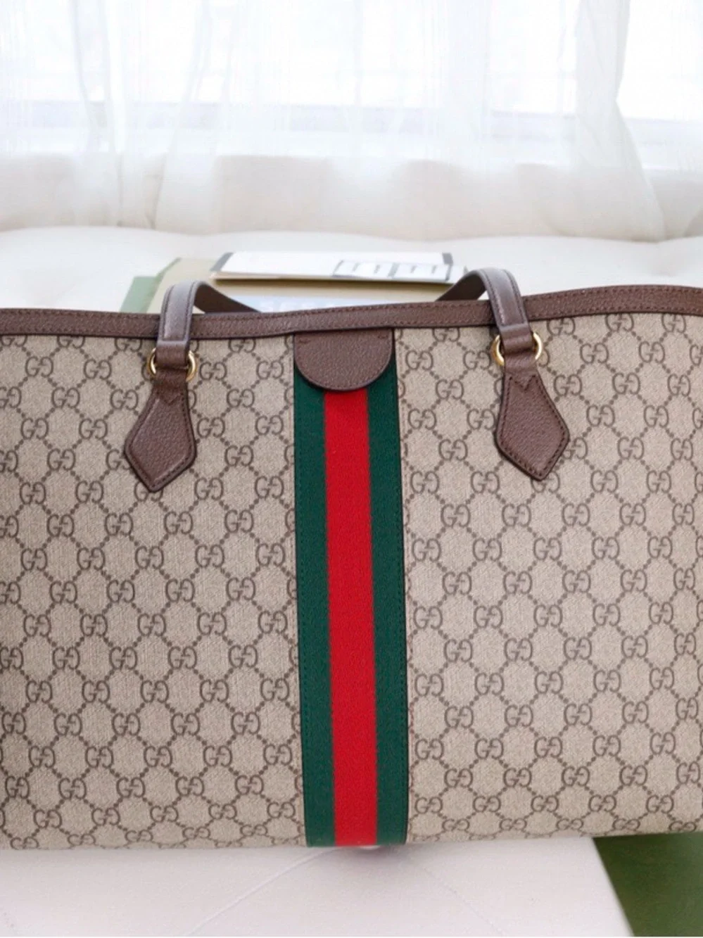 Gucci Beige GG Supreme Tote with Green and Red Web Stripe and Brown Trim(no box)